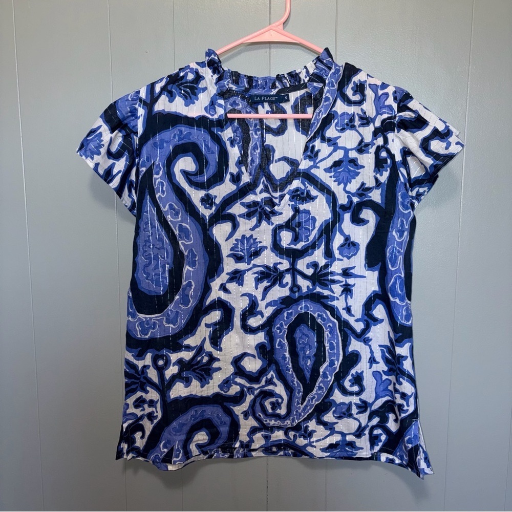La Plage Flutter Short Sleeve Blue Paisley Ruthie Ruffle Top Blouse Small